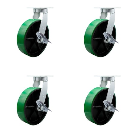 Service Caster 12'' Heavy Duty Green Poly on Cast Iron Caster Set 4 Brakes 2 Swivel Locks, 4PK CRAN-KP92S1230-PUR-GB-SLB-BSL2SLB-2